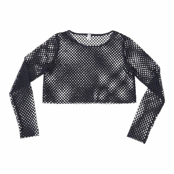 OUT FROM UNDER Black Fishnet Mesh Top Sz M Sheer Gothic Rocker Cropped Stretchy - Picture 2 of 6